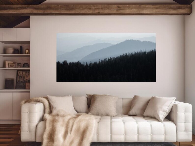 Modern Mountain Forest Canvas Wall Art - Blue Gray Minimalist Home ...