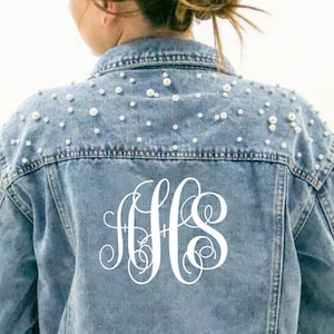 PERSONALIZED Statement Denim Bridal Jacket, Monogram, Customized Wedding Jean Jacket, Bridal Denim Jacket, Pearl Detailing, MRS Jacket
