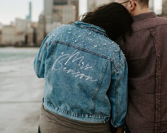 PERSONALIZED Statement Denim Bridal Jacket, Customized Wedding Jean Jacket, Bridal Denim Jacket, Pearl Detailing, MRS Jacket