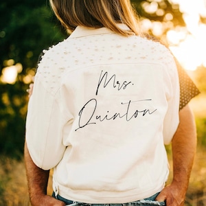PERSONALIZED White Denim, Statement Denim Bridal Jacket, Customized Wedding Jean Jacket, Bridal Denim Jacket, Pearl Detailing, MRS Jacket