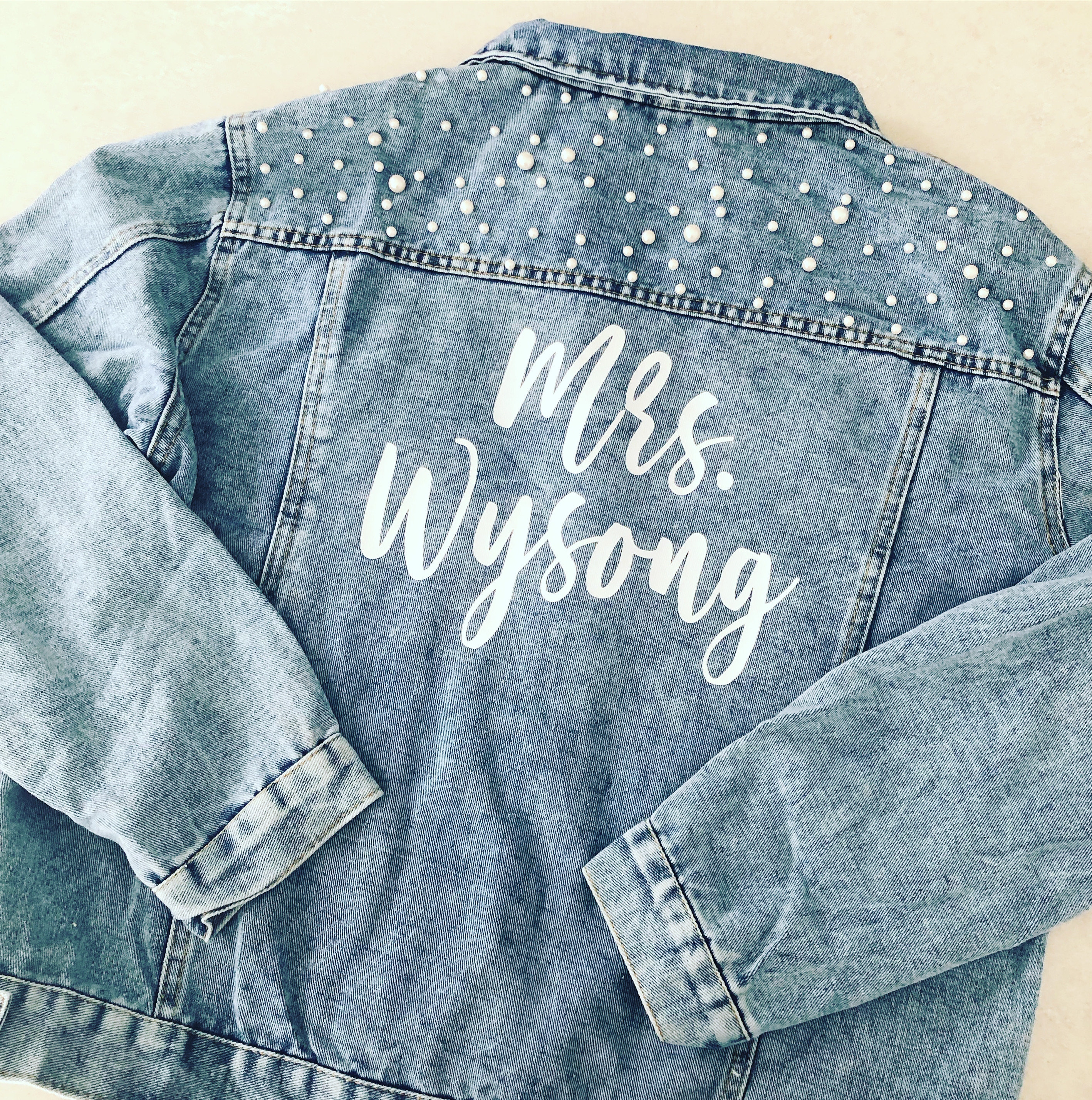 Personalized Bride Denim Jacket With Pearls | Custom Mrs Jean Jacket Personalized Bride Denim Jacket With Pearls | Custom Mrs Jean Jacket