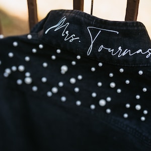 Black Personalized Collar Bride Jacket | Custom Jean Jacket | Pearl Mrs. Jacket | Bride Gift