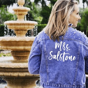 PERSONALIZED Statement Denim Bridal Jacket, Customized Wedding Jean Jacket, Bridal Denim Jacket, Pearl Detailing, MRS Jacket