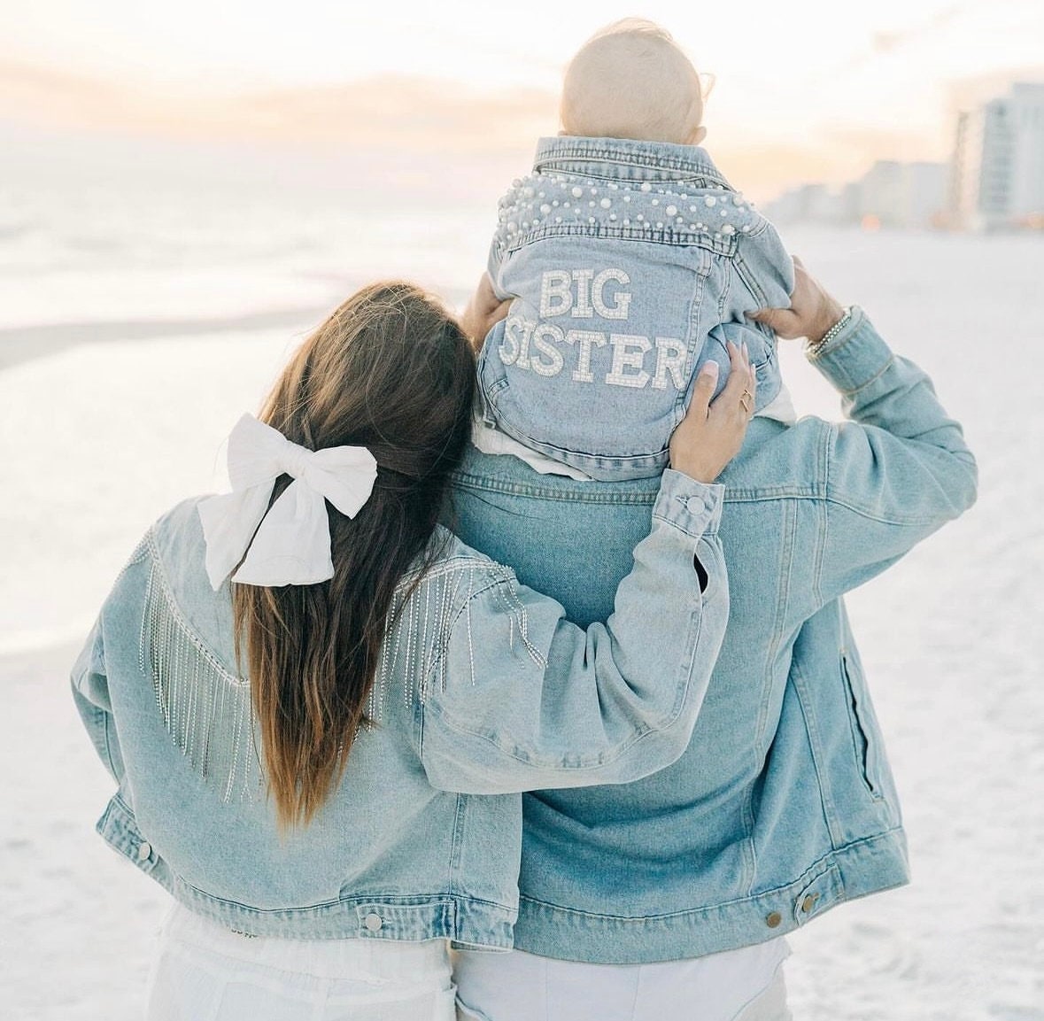 Personalized Girls Denim Jacket with Pearls Custom Flower Girl Jean Jacket Toddler Big Sister Jacket Wedding Gift