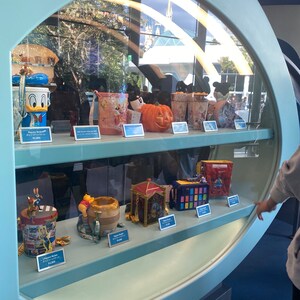 Puede incluir: Una vitrina de vidrio con una variedad de cubos de palomitas de ma&iacute;z coloridos con personajes de Disney. Los cubos est&aacute;n dispuestos en dos estantes. El estante superior presenta un cubo de calabaza de Mickey Mouse, un cubo de Donald Duck y un cubo de Winnie the Pooh. El estante inferior presenta una variedad de otros cubos, incluyendo un cubo de Cenicienta, un cubo de Peter Pan y un cubo de Mickey Mouse. La vitrina est&aacute; ubicada en un parque de Disney.