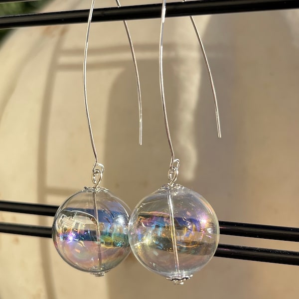 Hollow Glass Bubble Drop Earrings, Green, Blue, Clear and Silver Wire