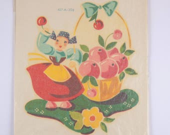 Vintage Meyercord Decal of Girl with Cherries