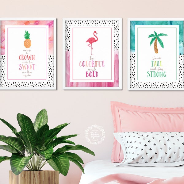 Tropical Decor | Set of 3 Tropical Art Prints | Tropical Nursery Wall Art | Flamingo Nursery Decor | Pineapple Nursery Decor