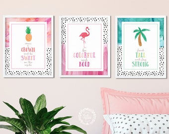 Tropical Nursery Art Prints: Watercolor Flamingo, Pineapple, Palm - Set of 3