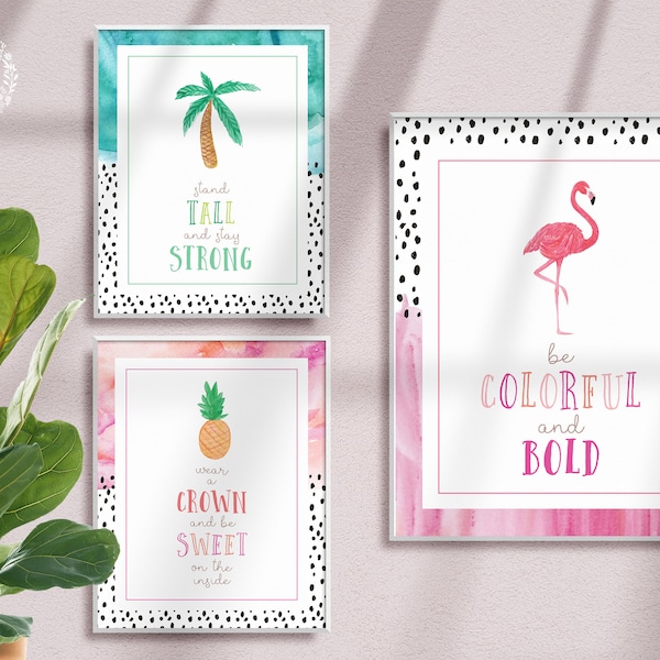 Tropical Decor | Set of 3 Tropical Art Prints | Tropical Nursery Wall Art | Flamingo Nursery Decor | Pineapple Nursery | Palm Tree Print