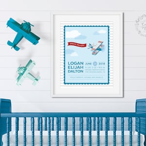 Airplane Nursery Decor | Nursery Decor Boy | Birth Announcement | Airplane Nursery Wall Art | Travel Nursery | Baby Birth Stats Sign