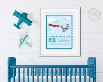Kinderkamerdecoratie vliegtuig: gepersonaliseerd bord met geboortestatistieken baby