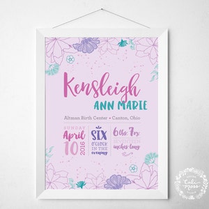 Purple Floral Nursery Decor/Baby Birth Stats/Custom Birth Announcement/Tropical Flowers/Modern Nursery Decor/Personalized wall art/child