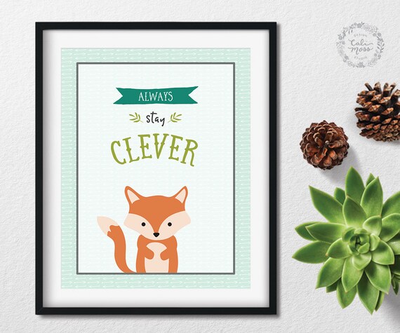 Fox Nursery Art Print: Teal, Grey, Green Woodland Theme