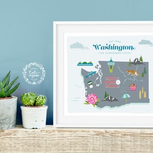 Illustrated Washington State Map Art Print: Colorful Wall Art - Etsy
