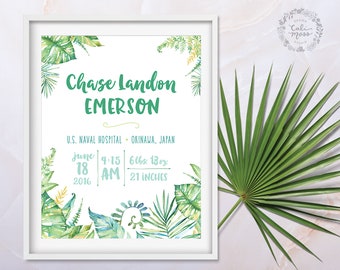 Jungle Nursery Birth Stats Print: Tropical Baby Name Wall Art