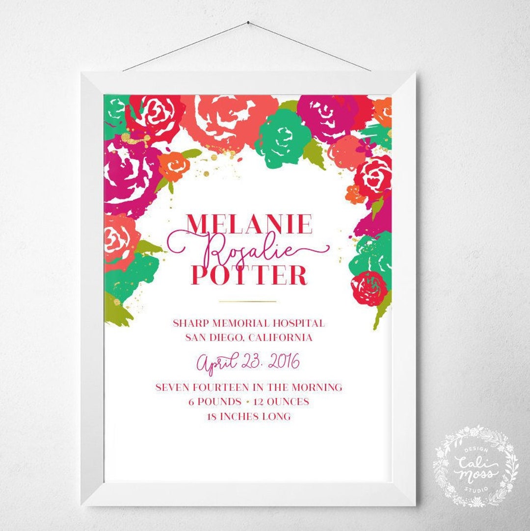 Custom Floral Birth Announcement Print: Baby Keepsake Nursery Decor - Etsy