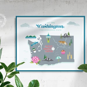 Washington State Map Art Print: Illustrated Travel Poster - Etsy