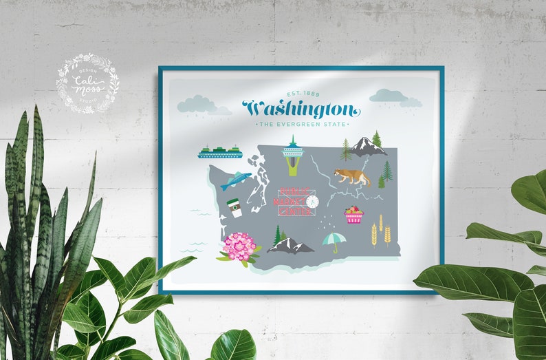 Washington State Map Art Print: Illustrated Travel Poster - Etsy