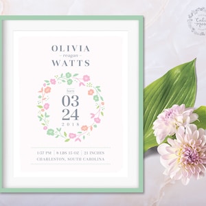 Baby Girl Nursery Decor | Personalized Baby Gift | Baby Birth Announcement | Floral Nursery Artwork | Custom Name Art Print | Birth Stats