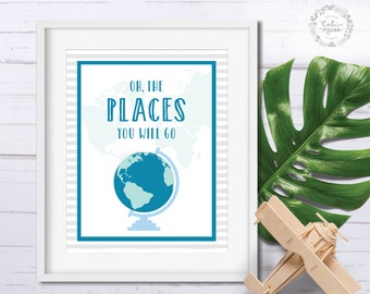 Travel Nursery Print: Airplane & World Map, Teal and Blue