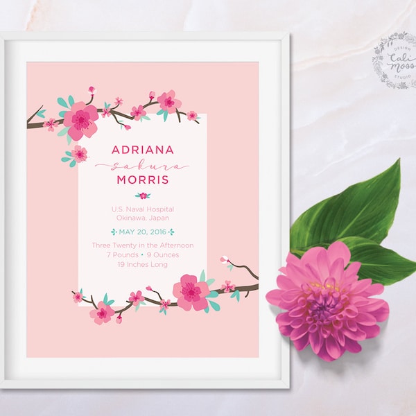 Nursery Artwork | Cherry Blossom Nursery Decor | Sakura Blossom Wall Art | Custom Birth Announcement | Japanese Theme | Birth Stats