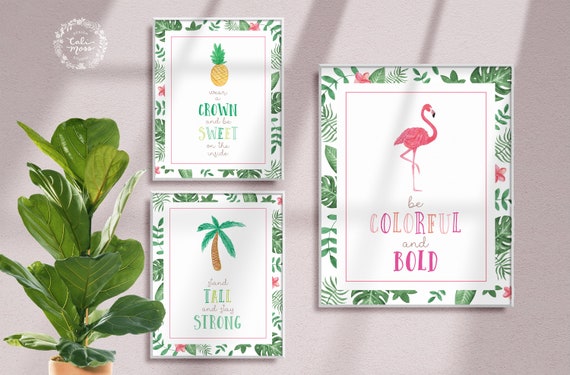 Watercolor Tropical Art Prints: Flamingo Nursery Decor