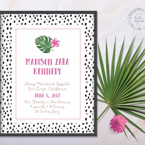 Geboortekaartje voor kinderdagverblijf | Tropische Kwekerij Decor | Tropische Art Print | Gepersonaliseerde naambord | Aangepaste naam van de kwekerij