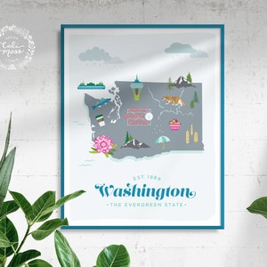 Illustrated Washington State Map Art Print: Colorful Wall Art - Etsy
