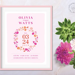 Girl Nursery Artwork | Floral Nursery Prints | Birth Announcement Sign | Floral Nursery Wall Art | Baby&#39;s Birth Stats | Botanical Nursery