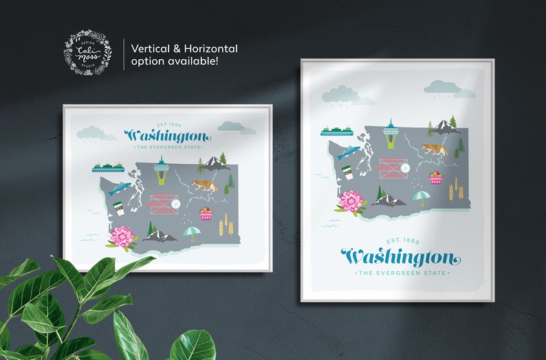 Illustrated Washington State Map Art Print: Colorful Wall Art - Etsy