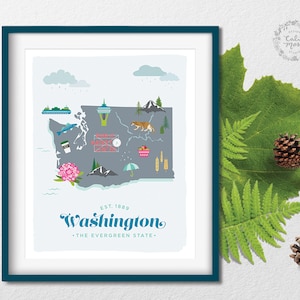 Washington State Map Art Print: Illustrated Travel Poster - Etsy