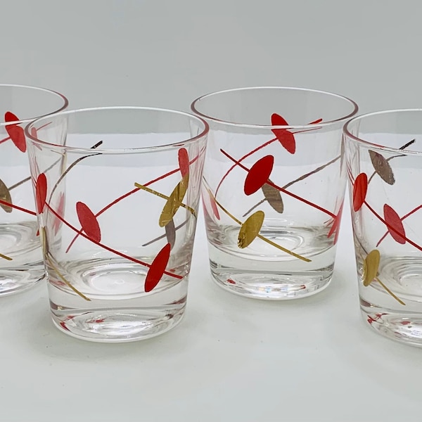 RARE! Set of Four Vintage MCM Federal Rythym Whiskey Bar Glasses Red and Gold Design 1960’s