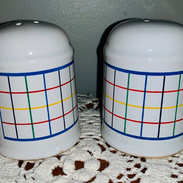 Totally Awesome 80’s Geometric Blue, Red, Yellow, Green Chunky Ceramic Salt and Pepper Shakers