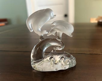 Vintage Collectible Glass Dolphins on a Wave Figurine