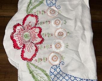 Beautiful Vintage Hand Embroidered White Linen Table Runner