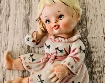 RARE and Adorable Chalkware Little Girl on the Telephone Wall Plaque - 1950’s