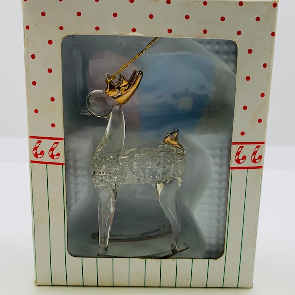 Vintage Wangs International Spun Glass Rocking Reindeer Ornament with Gold Accents in Original Box FR 8309