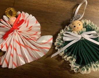 Two Vintage Accordion Style Angel Ornaments