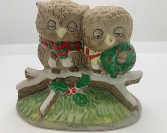 Vintage Enesco Sleepy Christmas Owl Couple Figurine Knick Knack