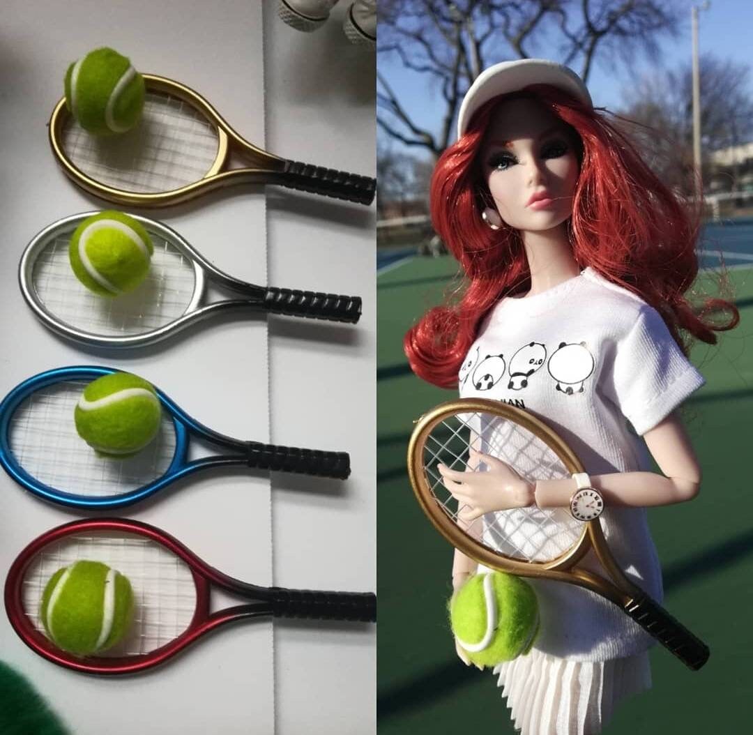 4pcs DOLL BRUSH CHARMS Vintage Miniature Hair Brushes Vibrant Colors Vent  Tennis Racket Plastic Toy Lot Kong Kong 