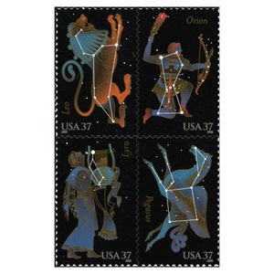 Conjunto de cuatro sellos de constelación 37c / Sellos postales estadounidenses vintage no utilizados / Astrología / Estrellas / Zodíaco / Observación de estrellas / Programa espacial