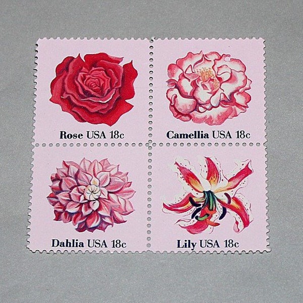 Paquet de 50 fleurs roses... timbres-poste vintage de 18 cents inutilisés. Bouquets roses à envoyer par la poste. Frais de port mariage, lettres d'amour, dites-le en rose