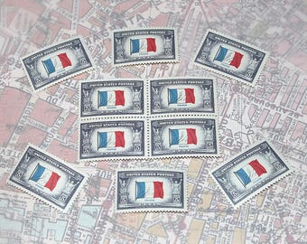 TEN 5c Flag of France .. Unused US Postage Stamps .. From the Overrun Nations Series Issued in 1943 .. Pack of 10 stamps