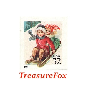 Timbres TEN 32c enfants luge... timbres-poste américains inutilisés vintage | Bonnes fêtes de fin d'année | Cartes postales | Décoration de Noël | Cadeau de Noël