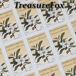 May include: Sheets of postage stamps featuring a botanical illustration of a white flower with green leaves and the text "John & William Bartram American Botanists" and "USA 33". The stamps have a cream-colored background.