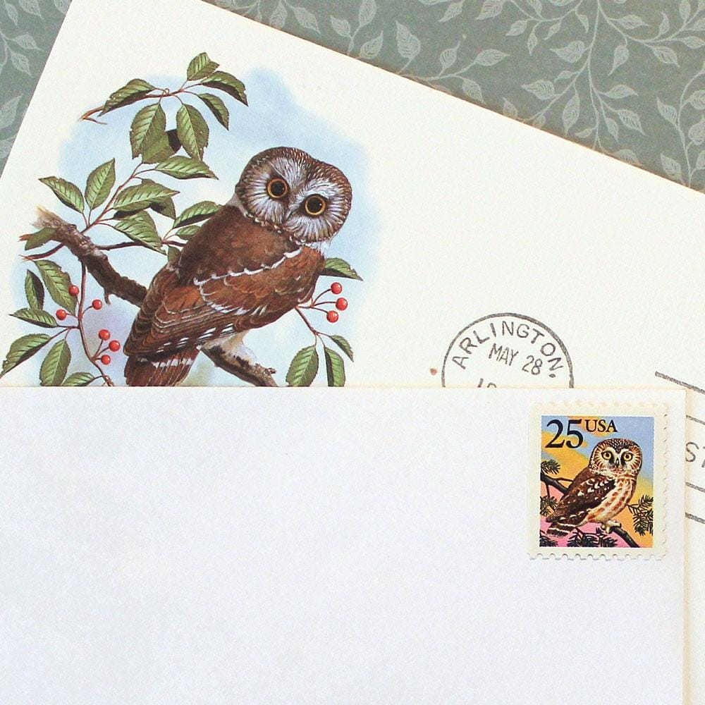 TEN 25c Owl on Tree Stamps .. Vintage Unused US Postage Stamp .. Holloween | Hoot | Birds on stamp |