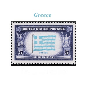 TEN 5c Bandera de Grecia .. Sellos postales estadounidenses no utilizados .. Pack de 10 sellos / Mediterráneo / Islas Griegas / Atenas / Viajes / Segunda Guerra Mundial / Luna de Miel