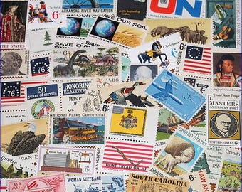 50 Unused Vintage 6c US Postage stamps from the 1960s and 1970s .. Grab bag of Fifty different stamps .. Penpals, Scrapbooks, letter writing