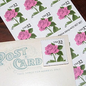32c Rosas cor-de-rosa 20 selos postais vintage não utilizados | Postagem de casamento | Dia dos namorados | Cartas de amor | autocolantes | Flores de casamento